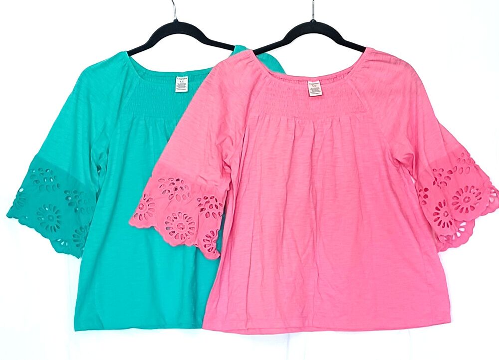 Arizona Jean Co Junior Plus 18 Smocked Top Set of 2 Pink/Green Eyelet Sleeve